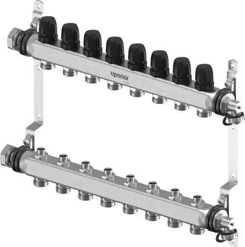Verteiler mit mehreren Anschlüssen, hergestellt von Uponor, mit robustem Design für Heizungs- oder Sanitäranwendungen, montiert auf einer Metallbasis.